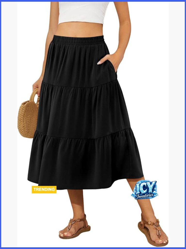 Polyester Spandex Midi Skirt Elastic Waist Tiered A-Line Pockets